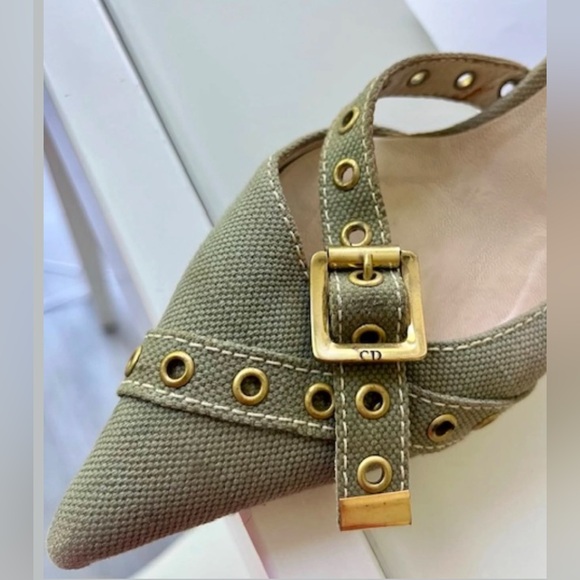 SOLDX AUTH DIOR VINTAGE MULE SLIDE SANDAL GREEN KHAKI CANVAS POINTED TOE 7.5 38 - Picture 2 of 8